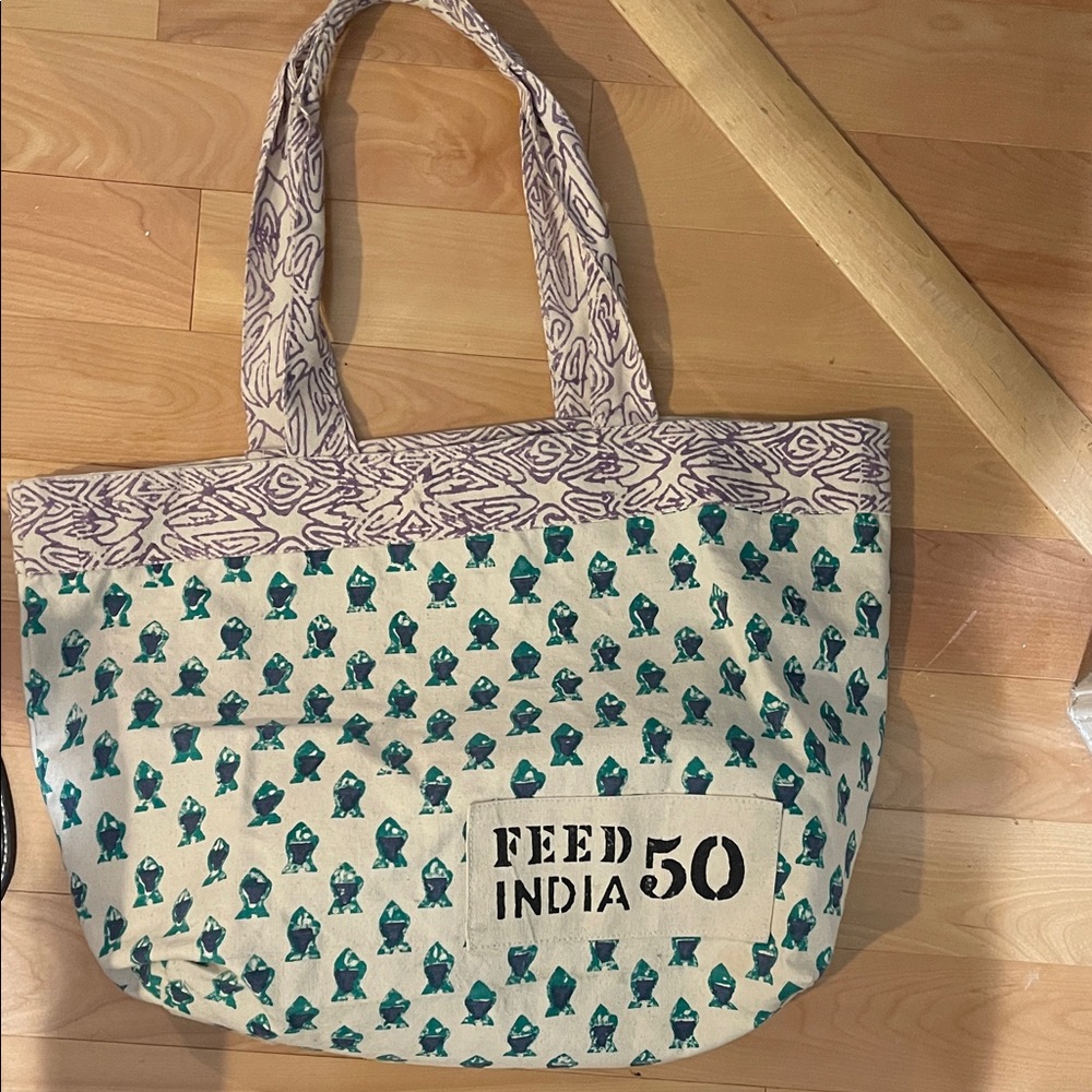 Feed India 50 Cream and Green Tote Bag